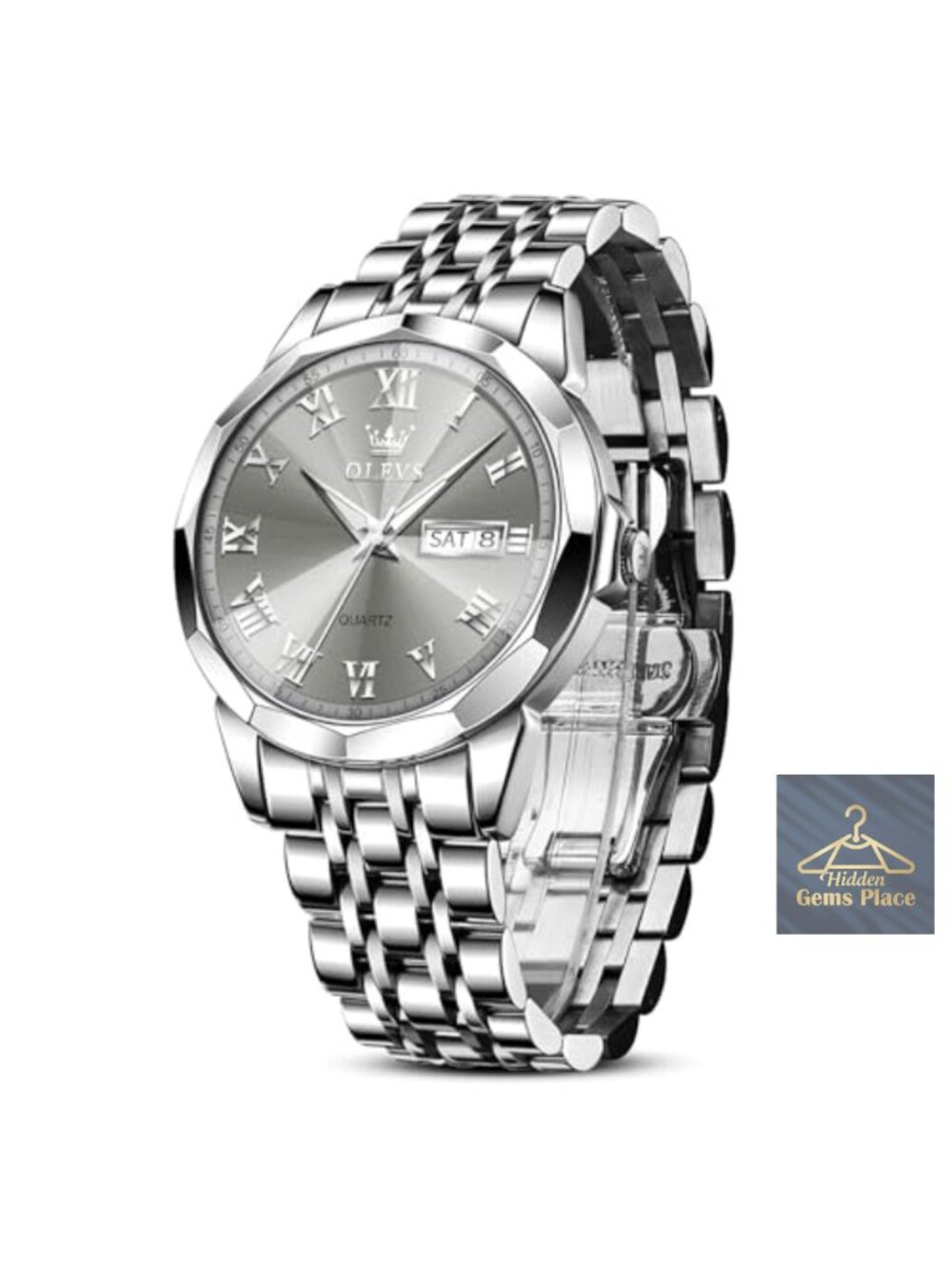 Men's Stainless Steel Analog Quartz Dress Watch with Date Day 41mm